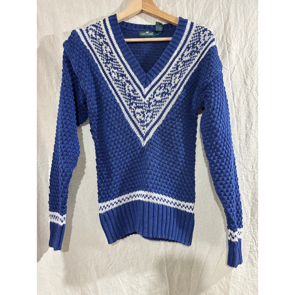 VTG 90s Blue White V Neck Popcorn Knit Sweater Ramie Cotton Preppy Nautical S